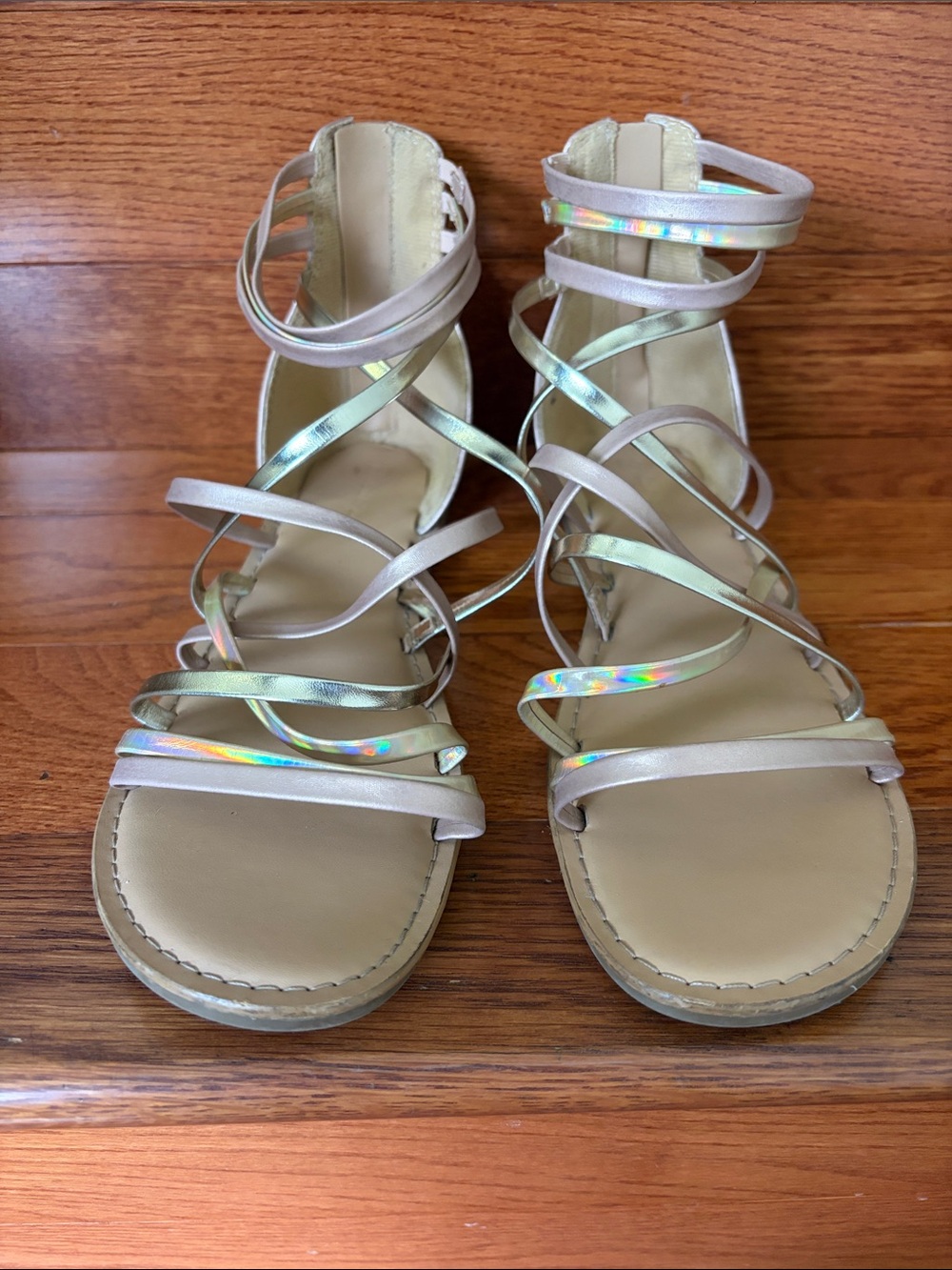 Cat & Jack size 5 Girls' Metallic Gladiator Strap Sandals Pink/Tan Gold